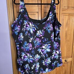 Floral Women's Swim Tank Top - Black and Blue